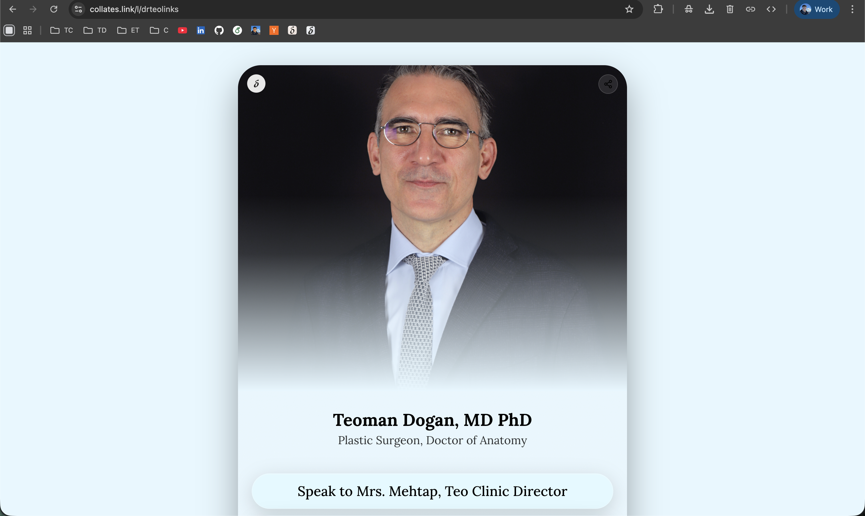 Dr. Teoman Dogan's Collate powered links page showing profile and consultation booking