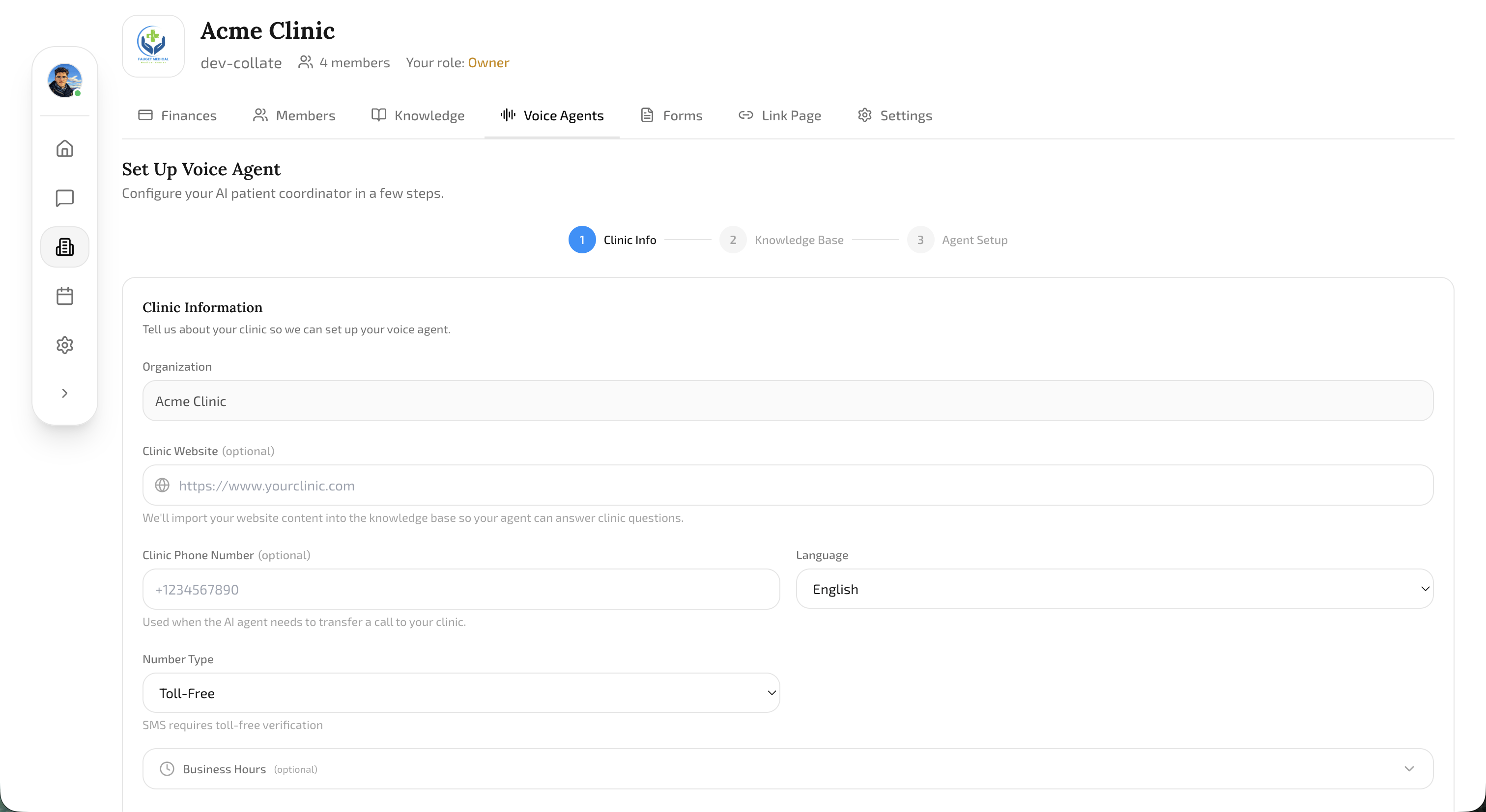 Voice Agent Onboarding Wizard Step 1 showing the clinic information form with website URL field